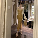 Women Luxury Dress Y2k Vintage V-Neck Sleeveless Off Shoulder Evening Long Dresses Elegant One Piece Frocks Clothes Summer 2024