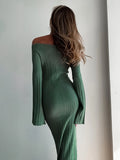 Kukombo Knit Long Sleeve Slim Dress For Women Elegant One-Shoulder Sexy Long Gown Dresses Solid Rib Sweater Dress Autumn Winter