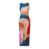 Kukombo  Women Blur Print Tank Dress Sleeveless Maxi Dress Backless Slim Fit Split Long Dress Night Party Dress Ladies Summer Wear