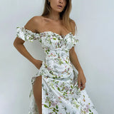 Kukombo Summer Floral Off Shoulder Puff Sleeve Maxi Dress For Woman Robe Lace Up Side Split Chic Mid-Calf Aesthetic Dress