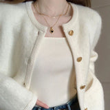 Kukombo Elegant Knitted White Jacket Women Round Neck Autumn Winter Fuzzy Cardigan Woman 2025 New Long Sleeve Sweater Jacket