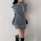 Kukombo Fashion Women Korean Dress Casual Sexy Elegant Female Mini Dresses Y2K All Match Knitted Long Sleeve Dress Spring New