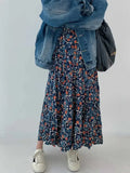 Kukombo 2000s Vintage Blue Flower Print Skirt for Women Summer New High Waist A-line Skirts Lazy All-match Mid-length Loose Faldas Mujer