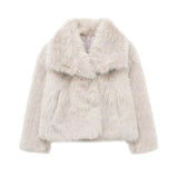 Kukombo Fashion Faux Fur Short Jacket Coat For Women Loose Lapel High Street Outwear Winter 2025 Warm Solid Female Cardigan Coat