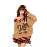 Kukombo 2000s American Vintage Knitted Sweater Women Casual Striped Long Sleeve Loose Korean Fashion Pullover Y2k Party Retro Clothing