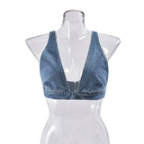 Kukombo Sexy Denim Crop Top For Women Deep V-neck Button-Down Backless Vintage Solid Hot Gril Y2K Beach Holiday Summer New Tanks