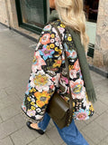 Kukombo Women's Cropped Puffer Jacket Vintage Floral Print Padded Quilted Coat Long Sleeve Lightweigt Vintage Padded Jacket Outerwear