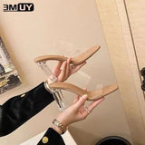 Kukombo Summer High Heels Women Shoes Fashion Transparent Heels Sexy Hollow Breathable Slippers Square Toe Female Clear Heels Slides