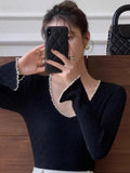 Kukombo Spring Korean Fashion Knitted Blouse Women Casual Long Sleeve Elegant Bodycon Sweater Outwear Office Lady Sweet Crop Tops