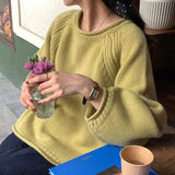 Kukombo Chic Round Neck Autumn Sweater Women Balloon Sleeve Knitted Jumpers Woman Solid Color Long Sleeve Korean Sweaters Ladies