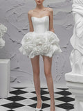 Kukombo Spliced 3D Flower White Solid Strapless Mini Dress