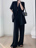 Kukombo Short Sleeve Wide Leg Pants Blazer Suit Summer New Fashion Work Business Casual Female Clothes Two Piece Set