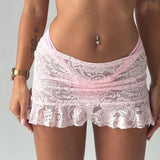 Kukombo  Sexy Women's Lace Mini Skirts Casual Low Waist Solid Color See Through Ruffle Skirts Bikini Coverup Skirts Summer