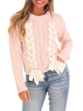 Kukombo Y2k Bow Knot Knitted Sweater Women Cute Long Sleeve Crewneck Ribbed Crochet Knit Pullover Top Knitwear Pink