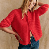 Kukombo Women Chunky Knit Cardigan Y2k Long Latern Sleeve Crew Neck Button Up Open Front Cable Knitted Crop Sweater Jackets