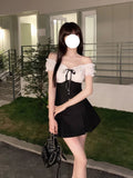 Kukombo Elegant 2 Piece Dress Set Women Casual White Kawaii Blouse Female High Waist Y2k Black Skirt Slim Lolita Clothing Summer