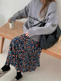 Kukombo 2000s Vintage Blue Flower Print Skirt for Women Summer New High Waist A-line Skirts Lazy All-match Mid-length Loose Faldas Mujer