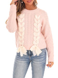 Kukombo Y2k Bow Knot Knitted Sweater Women Cute Long Sleeve Crewneck Ribbed Crochet Knit Pullover Top Knitwear Pink