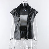 Kukombo PU Leather Vest Waistcoat Women Autumn Sleeveless Zipper Black Motorcycle Jacket 2022 Hot High Street Y2K Tops Vests