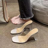 Kukombo Summer High Heels Women Shoes Fashion Transparent Heels Sexy Hollow Breathable Slippers Square Toe Female Clear Heels Slides