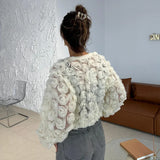 Kukombo Fashion 3D Flower Sexy Jacket Coat For Women Mesh See Through Patchwork Long Sleeve Jacket Zipper Fashion Female Outwear