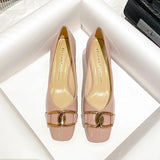 Kukombo Square Buckle Thick Heel High  Women's Grandma French  Soft  Retrosingle Shoes Patent Metal Autumn  Leather Pumps