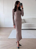 Kukombo TARXUXY Long Sleeve Knitted Dress For Women Autumn Winter Slim Sexy Striped Sweater Long Dresses Female Elegant Party Clothes