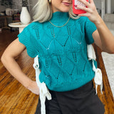 Kukombo Women Y2k Bow Knot Cap Sleeve Knit Sweater Top Lace up Ribbon Crochet Sweater Vest Fashion Elegant Mock Neck Knitted Tank Tops