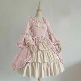 Neck Waist Spliced Bow Dress Strawberry Lolita Medieval Retro Gothic Court Lolita Dress Square