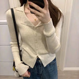 Kukombo Korean Fashion V Neck Knitted Cardigan Women 2025 Spring Solid Color Lapel Sweater Woman Chic Long Sleeve Jumper Tops