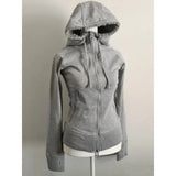 Kukombo Grey Faux Fur Wool Double Zipper Jacket Hoodies Women's Slim Waist Hooded Vintage Y2k Coats Ropa Mujer Casual Fashion Sweatshirt