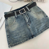 Kukombo Retro Women Denim Skirts American Casual Belt Mini Skirt Streetwear High Waist Female A Line Jeans Skirts Spring New