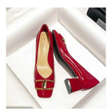 Kukombo Square Buckle Thick Heel High  Women's Grandma French  Soft  Retrosingle Shoes Patent Metal Autumn  Leather Pumps