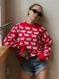 Kukombo O-Neck Alpaca Printed Sweater For Women Loose Casual Sweater Pullover Fashion Long Sleeve Retro Knitted Autumn Winter Top