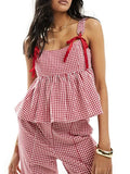 Kukombo Y2k Tank Top Sleeveless Women Red Gingham Bow Tie Down Camisole Ruffle Hem Peplum Tops Summer Streetwear