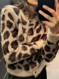 Kukombo Leopard Print Knit Sweater Cardigan For Women O-Neck Jacquard Long Sleeve Knitted Jacket 2025 New Casual Female Outwear