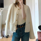 Kukombo Elegant Knitted White Jacket Women Round Neck Autumn Winter Fuzzy Cardigan Woman 2025 New Long Sleeve Sweater Jacket