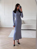 Kukombo TARXUXY Long Sleeve Knitted Dress For Women Autumn Winter Slim Sexy Striped Sweater Long Dresses Female Elegant Party Clothes