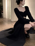 Kukombo French Hollow Out Slit Long Dresses Elegant Long Sleeve Evening Party A-Line Dress Female Solid One Piece Casual Robe Autumn New