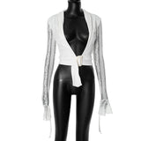 Kukombo White Lace Cardigan Women's Solid Patchwork Low Cut Long Sleeve T-Shirt Sexy Club Elegant Y2k Skinny Belt Lace Crop Top