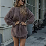 Kukombo Female V-neck Imitation Mink Sweater Fall Sexy Off-Shoulder Loose Sweater Dress Solid Casual Pullover Street Knitted Top