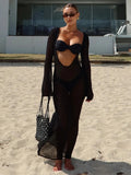 Kukombo Spring Outfits Beach Knitted Backless Long Sleeve Dress Ladies Holiday Bikini Cover Up See-Through Beachwear 2025 Holiday Sunscreen Long Dress