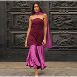 Kukombo Spring Outfits Elegant Shawl Collar Strapless Maxi Dress Women Fashion Contrast Spliced Pleated Hem Backless Robe Ladies 2025 Party Vestidos