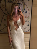 Kukombo Outfit Chic Sexy White Strappy Long Dress Women Elegant Sleeveless Ruffle Hem Vacation Dresses Spring New Lady Beach Party Club Gown