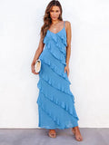 Kukombo Outfit Fashion Off-The-Shoulder V-Neck Long Dress Women's Summer Cascading Ruffles Sexy Backless Sleeveless Slit Slit Long Dress