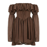 Kukombo Outfit Elegant Chiffon Corset Dress Brown Flare Long Sleeve Mini Dresses Vacation Short Party Dress Ruffles Slash Neck Outfit