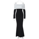 Kukombo Elegant Backless Patchwork Long Dress Women's Fashion Long Sleeve High Waist Party Dress Strapless Slim Sexy Long Dress