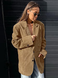 Kukombo Spring Outfits Office Lady Blazer Coat Fashion Brown Single Breasted Suede Female Jackets Vintage Autumn Long Sleeve Turn-down Collar Outwear