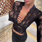 Kukombo Lace Deep V Neck Top Women Sexy Outfit See-through Flared Long Sleeve T-Shirt Solid Slim Lace Top Party Outfit Club Wear