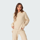 Kukombo Outfit Women Fashion Knitted Pocket Straight Pants Suit Casual Round Neck Hooded Long Sleeve New In Matching Sets 2024 Lady Outfits